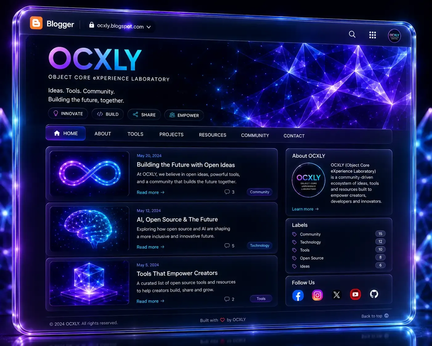Concept preview of the OCXLY blog on Blogger, with recent posts, labels and follow links.