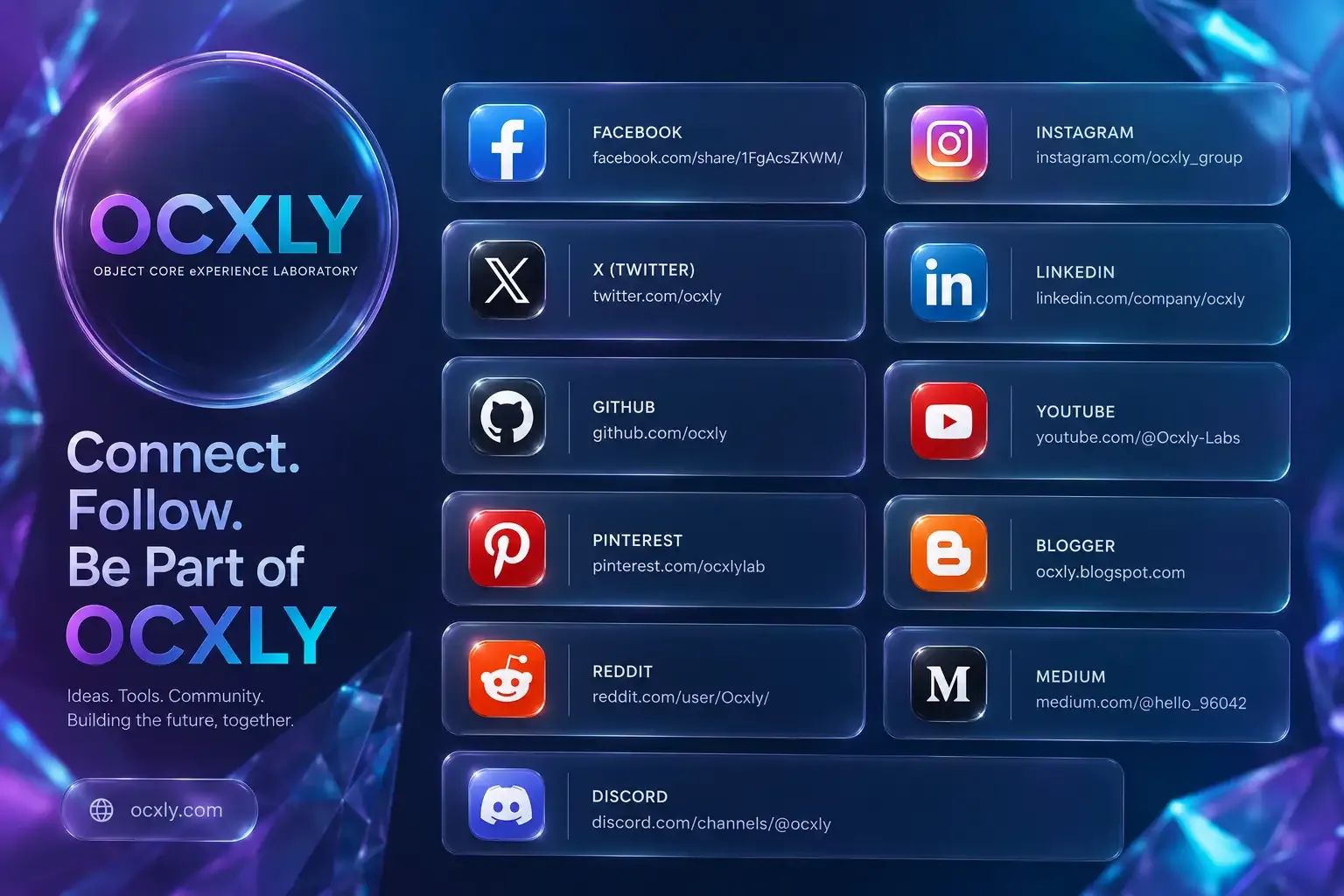 Connect. Follow. Be part of OCXLY: a poster listing every official OCXLY profile beside the OCXLY orbital logo.