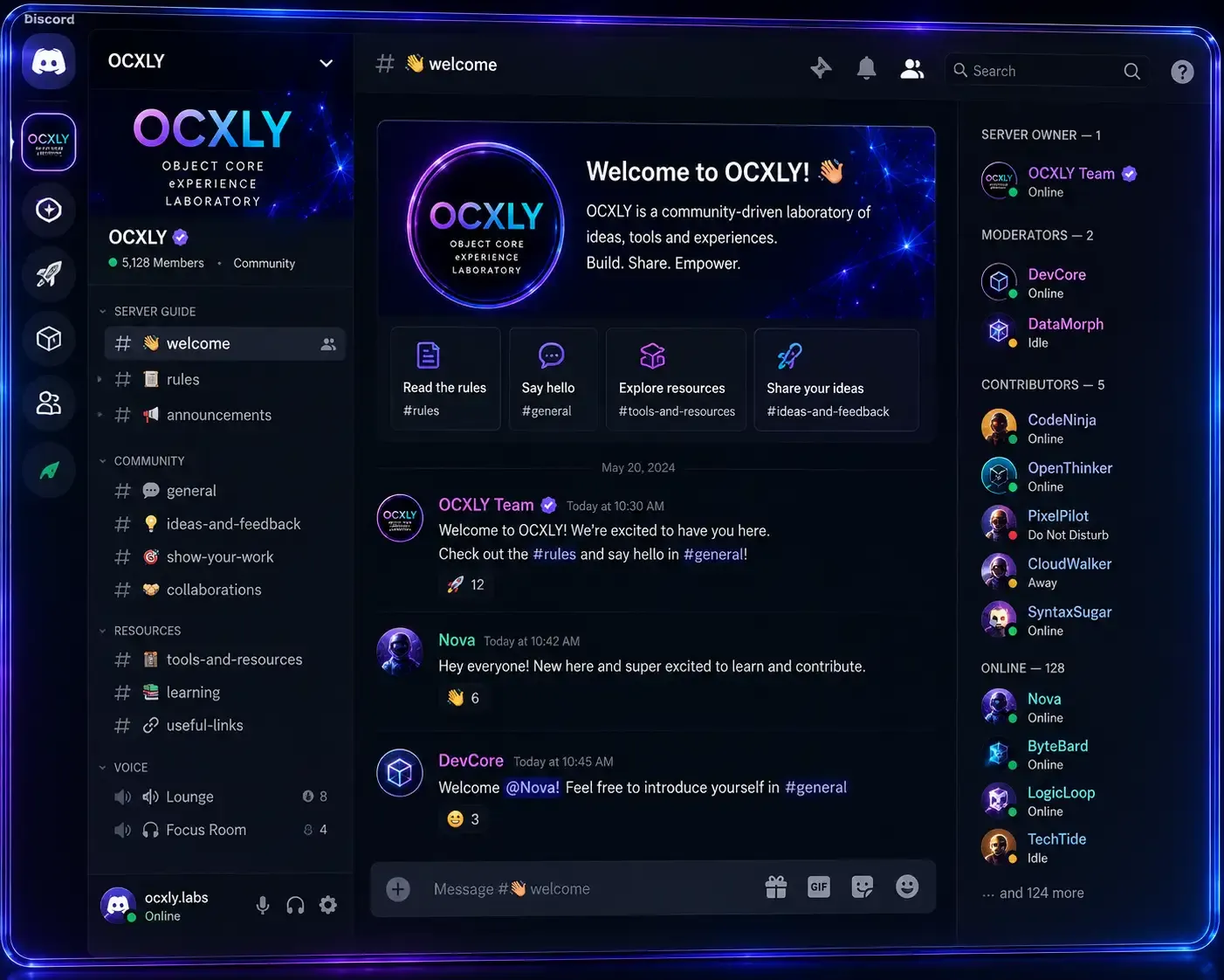Concept preview of the OCXLY Discord server, open on a welcome channel with community and resources channels listed.