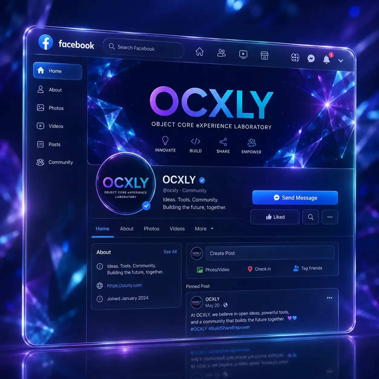 Concept preview of the OCXLY page on Facebook, with an About panel and a pinned post.
