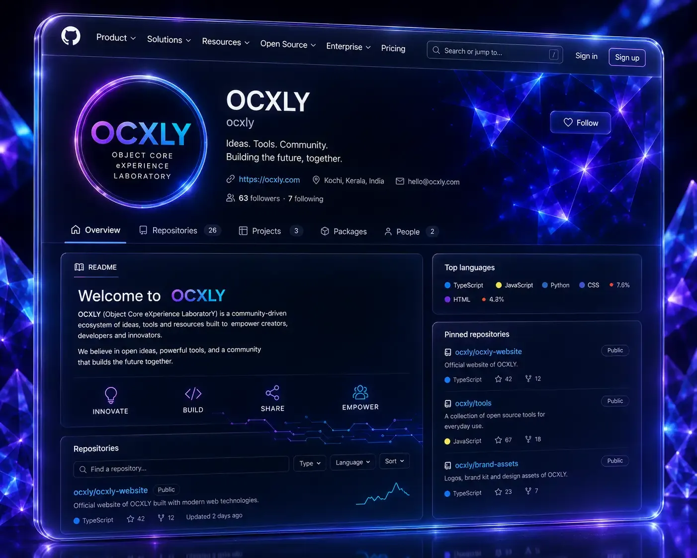 Concept preview of the OCXLY organisation on GitHub, showing a README and pinned repositories.