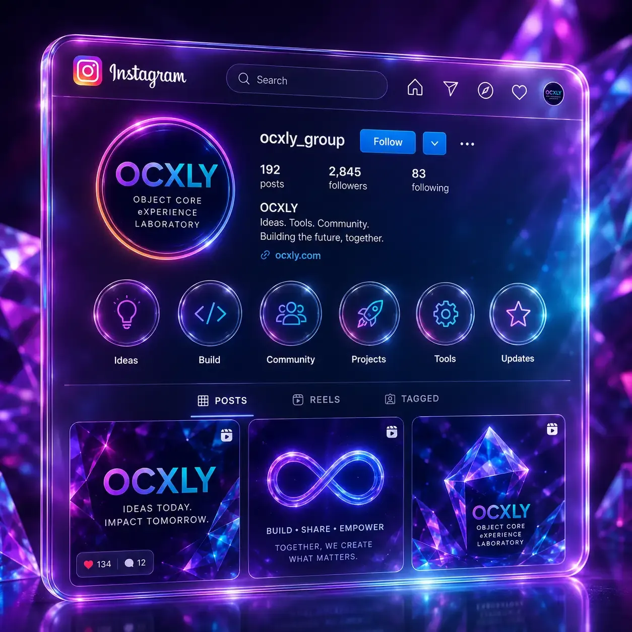 Concept preview of the OCXLY profile on Instagram, with highlight circles for Ideas, Build, Community, Projects, Tools and Updates.