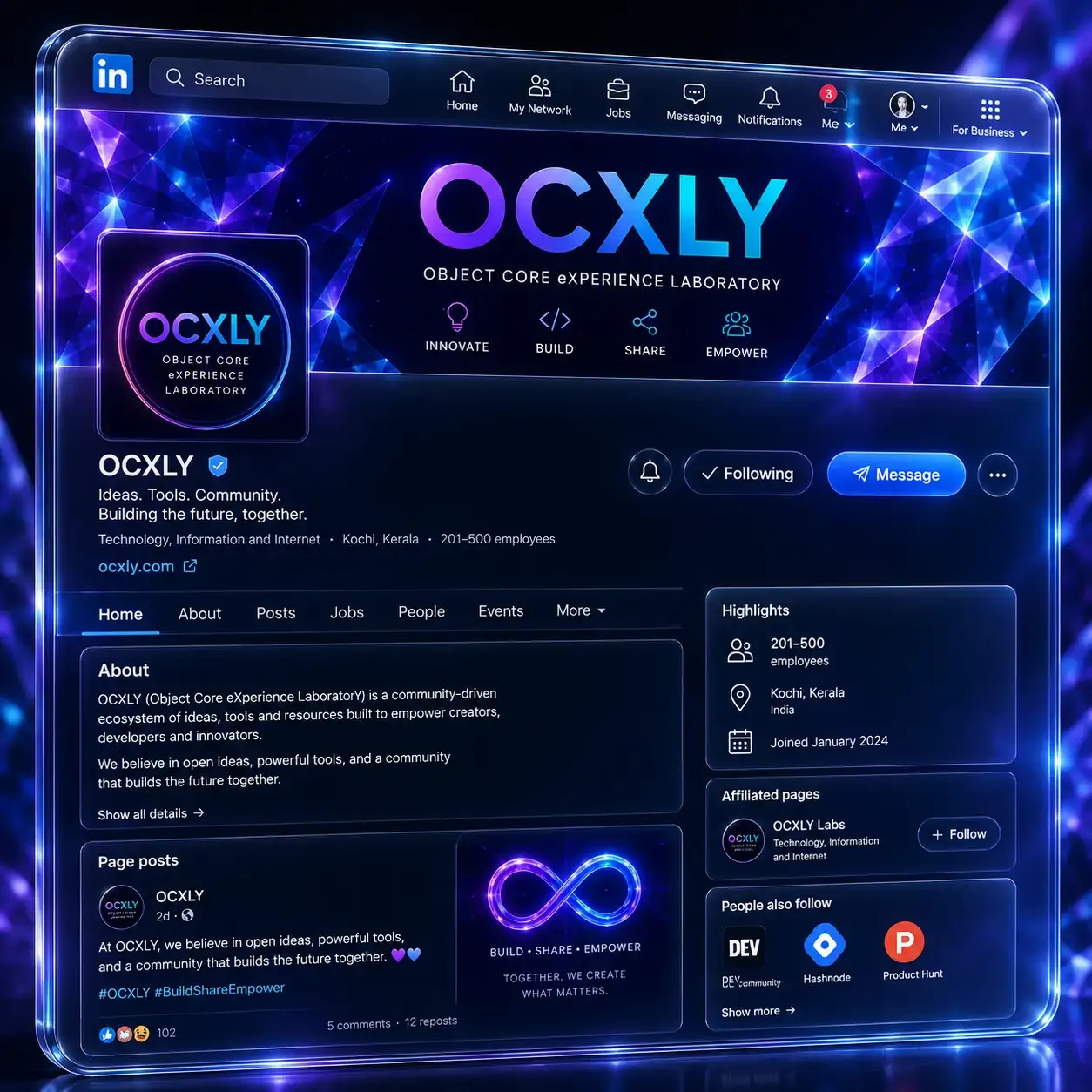 Concept preview of the OCXLY company page on LinkedIn, with an About panel and a page post.