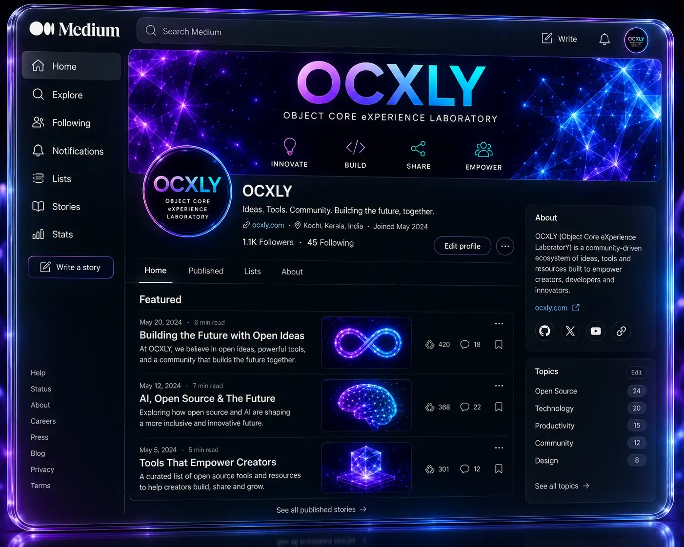 Concept preview of the OCXLY publication on Medium, with a featured-stories list and a topics panel.
