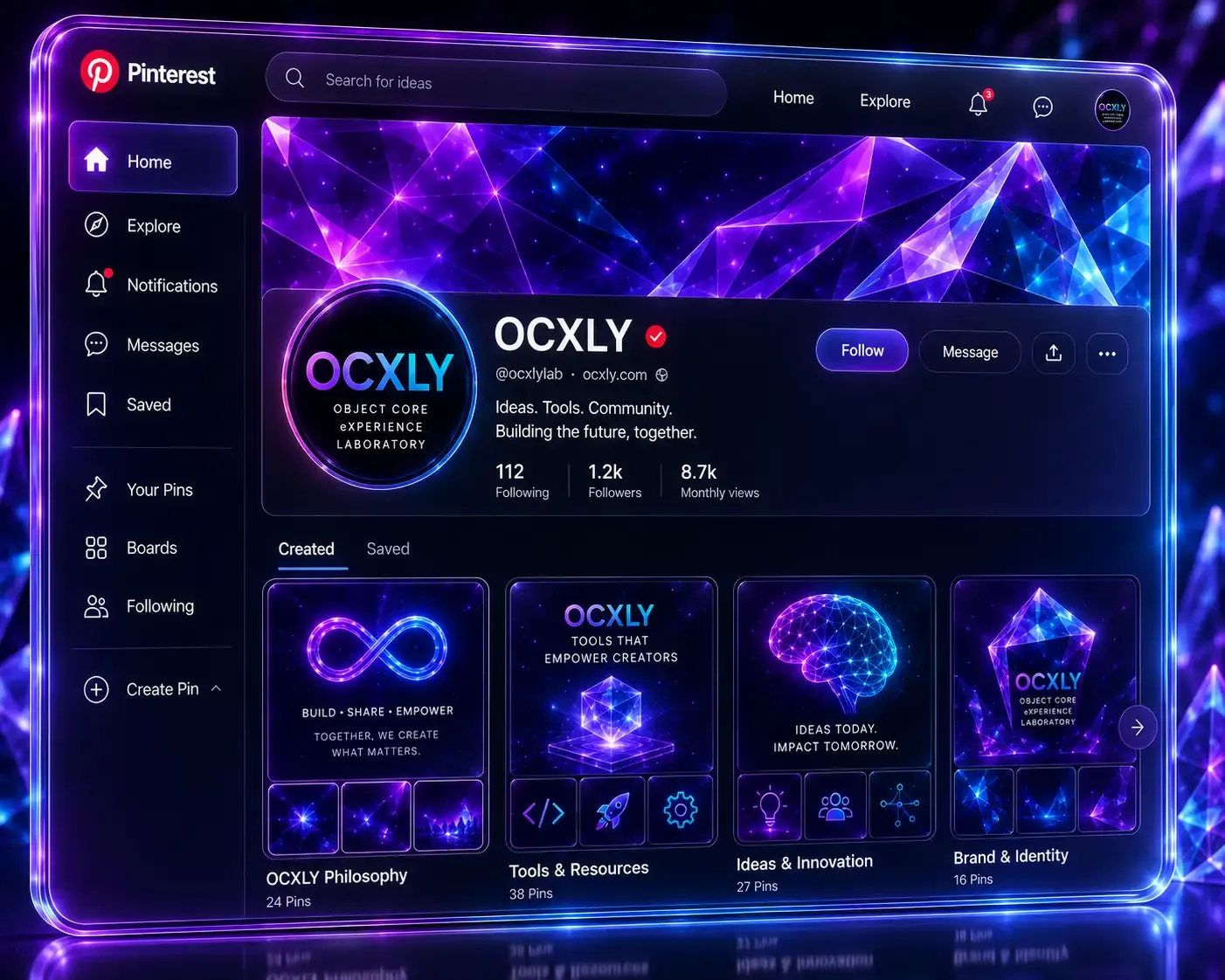 Concept preview of the OCXLY profile on Pinterest, with boards for philosophy, tools, ideas and brand identity.