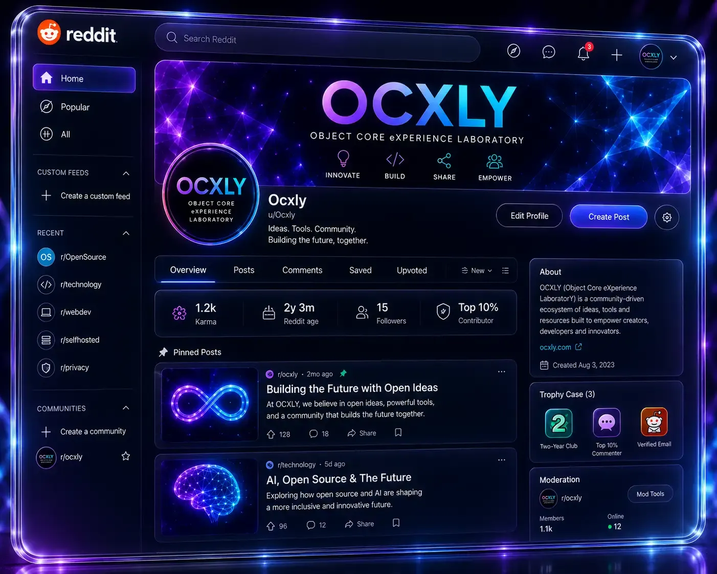 Concept preview of the Ocxly profile on Reddit, with pinned posts and an About panel.