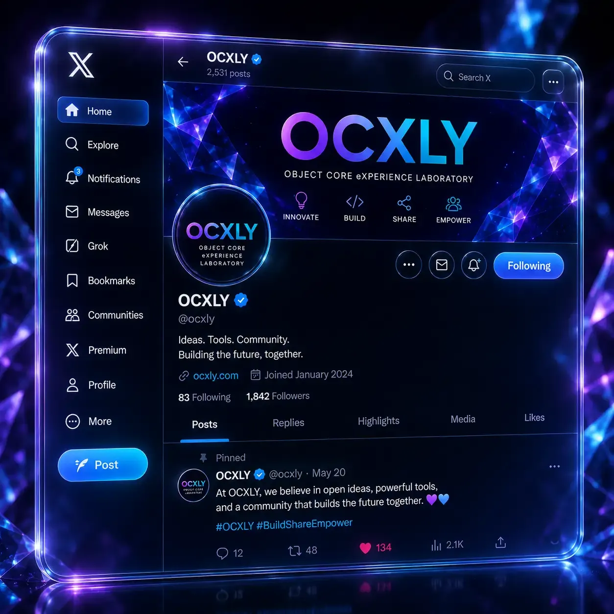 Concept preview of the OCXLY profile on X, with a pinned post about open ideas, powerful tools and community.