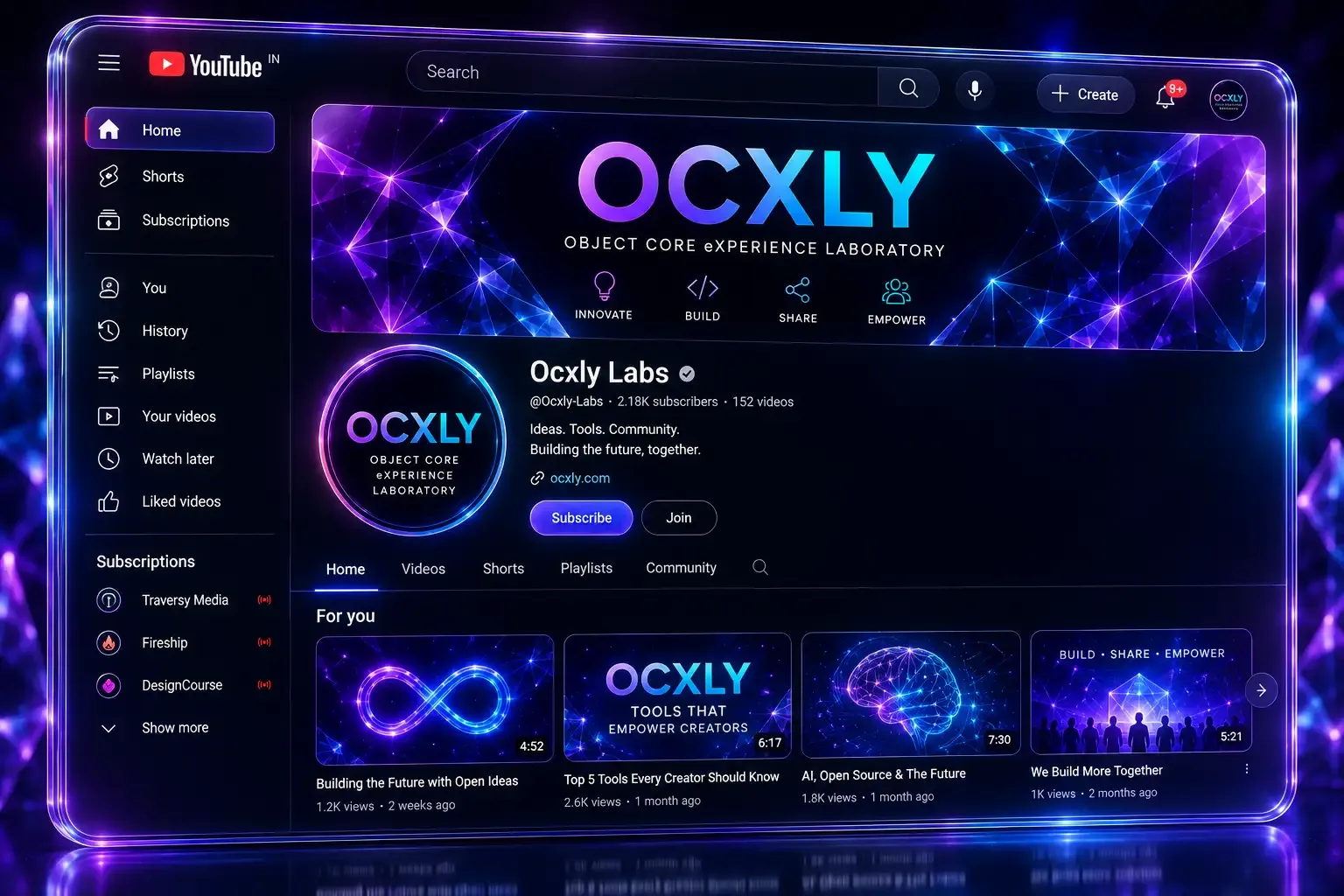 Concept preview of the Ocxly Labs channel on YouTube, showing a banner and a row of video thumbnails.